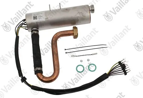 Vaillant Zusatzheizung mit Metallgehäuse, Kupferrohr und elektrischen Anschlusskabeln, inkl. Zubehörteilen wie Dichtungen und Clips.